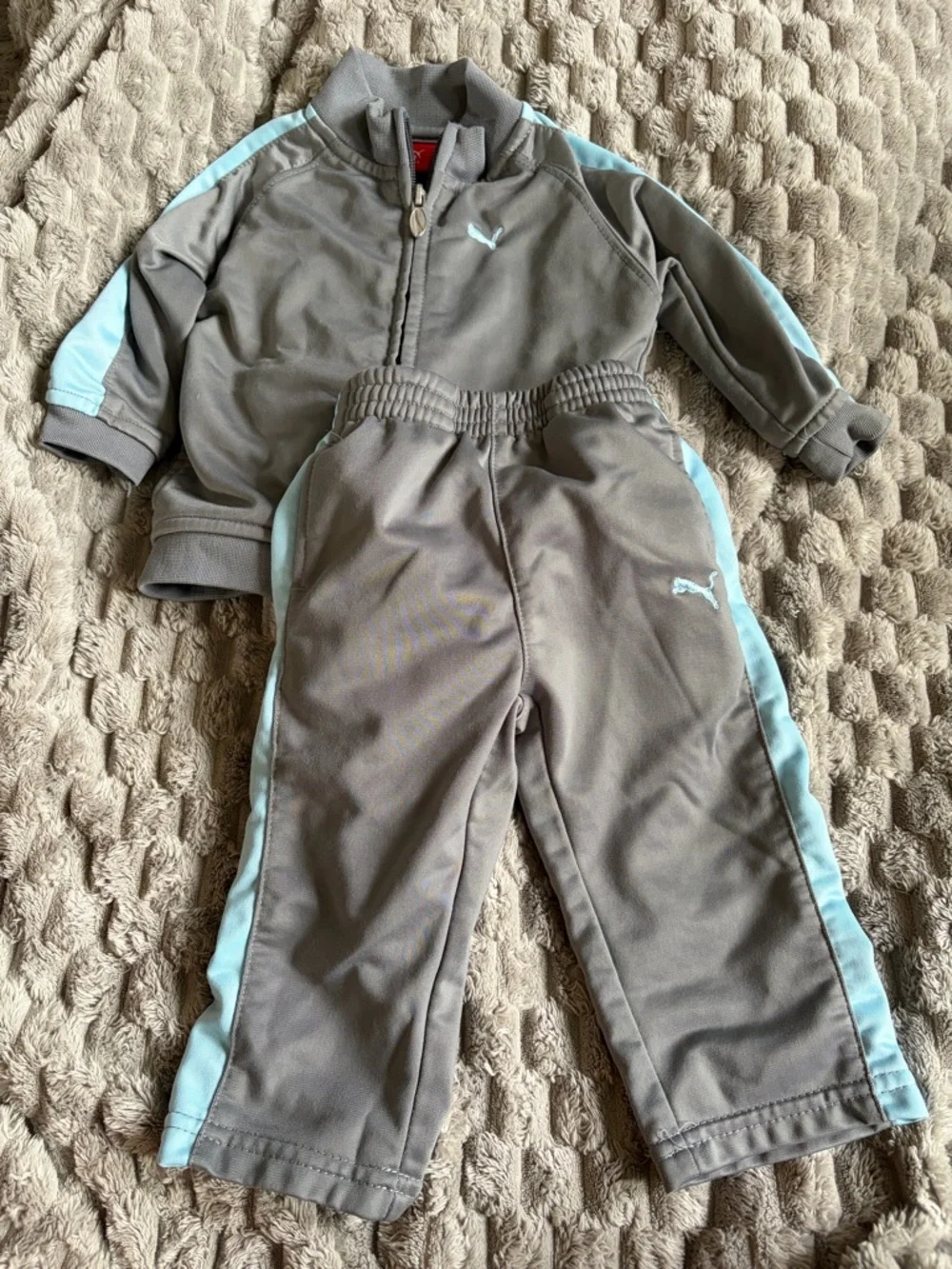 Puma Baby Gray Track Suit Set with Light Blue Stripes - Picture 1 of 3